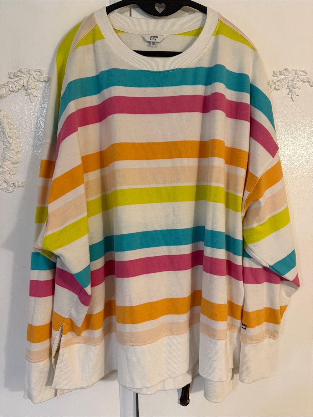 crown & ivy Cream Stripe Tunic Sweatshirt with Teal, Fuchsia, Lime & Orange